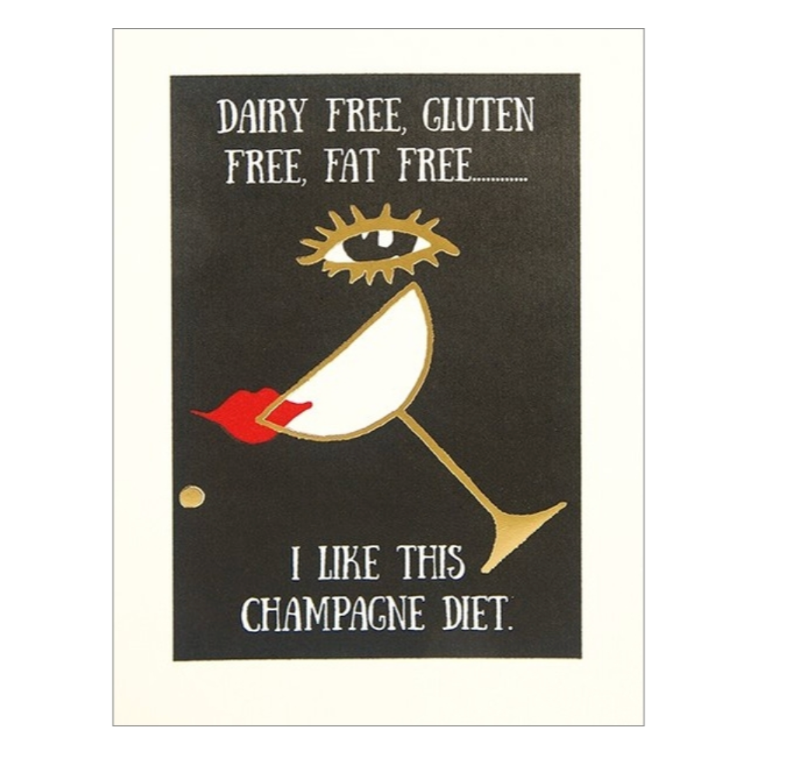 Cartoon glass with a red lip and text about a 'champagne diet' on a black background