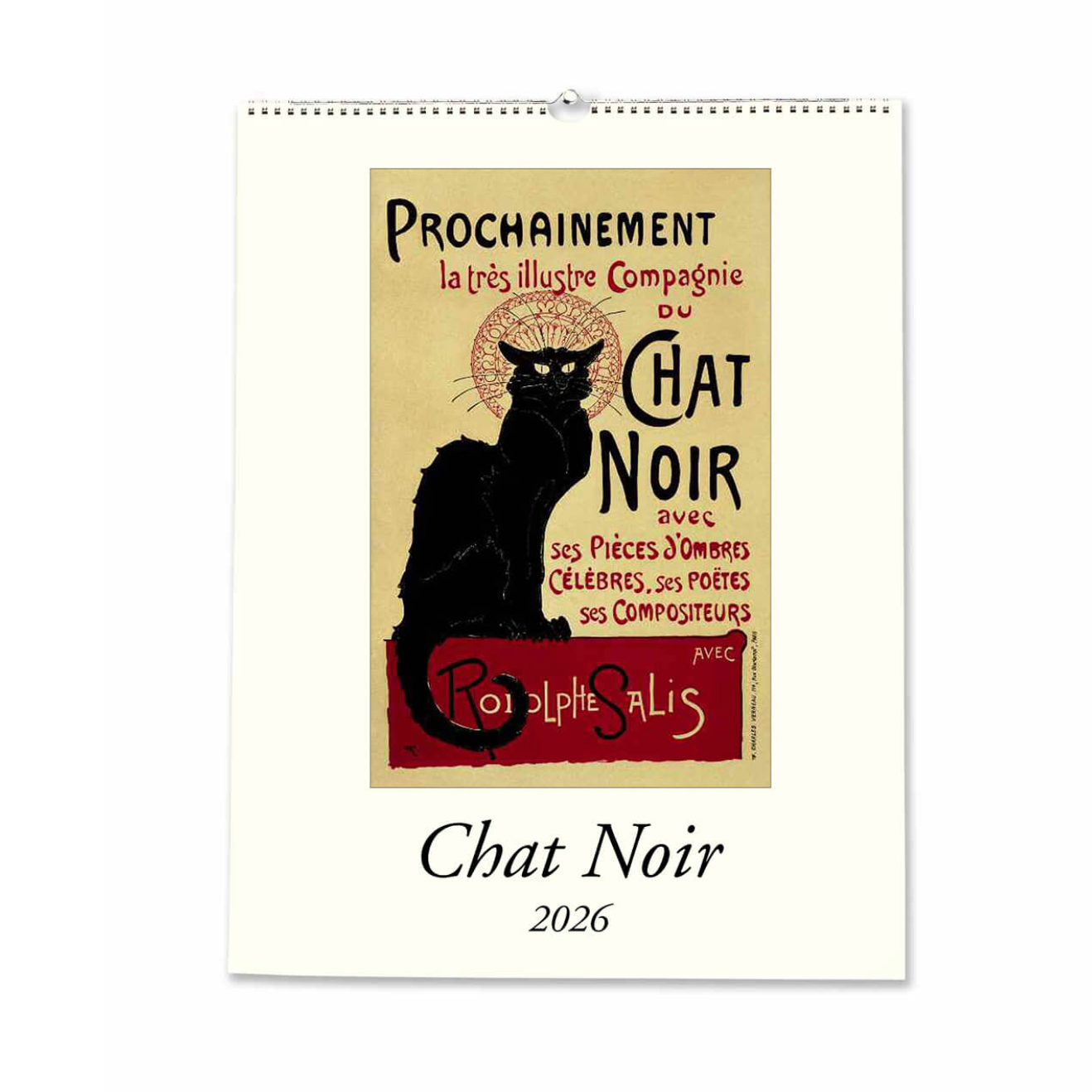Calendar with a black cat design and text on a beige background