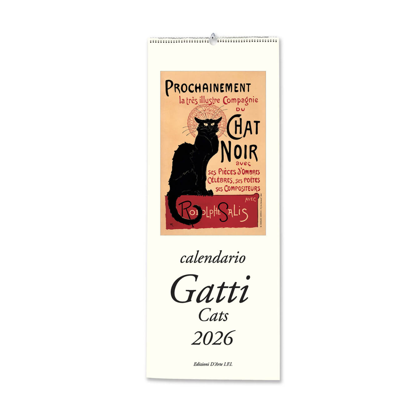Calendar with a black cat illustration and text on a white background