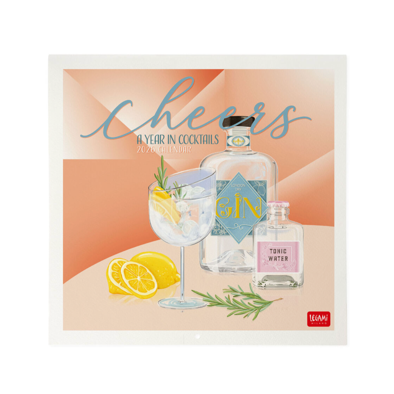 Calendar cover with cocktail-themed design, lemon, glass, and bottles on a peach background with 'Cheers' text.