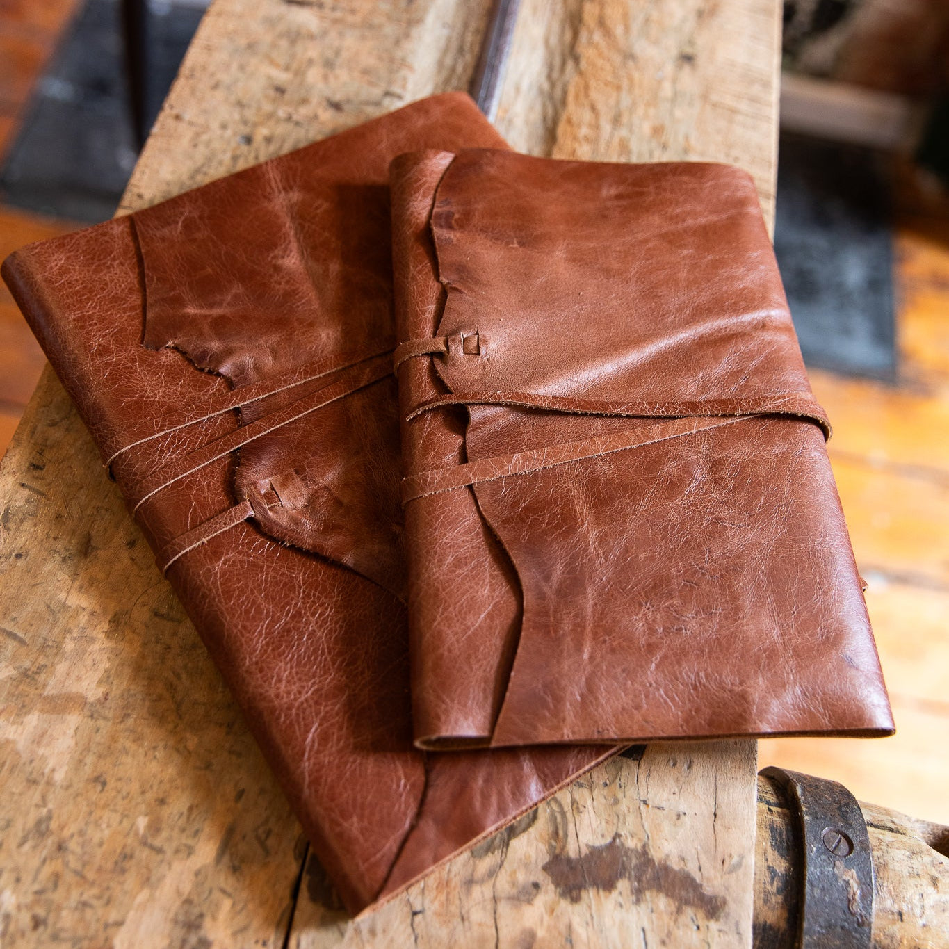 Chestnut leather wrap journal in two sizes
