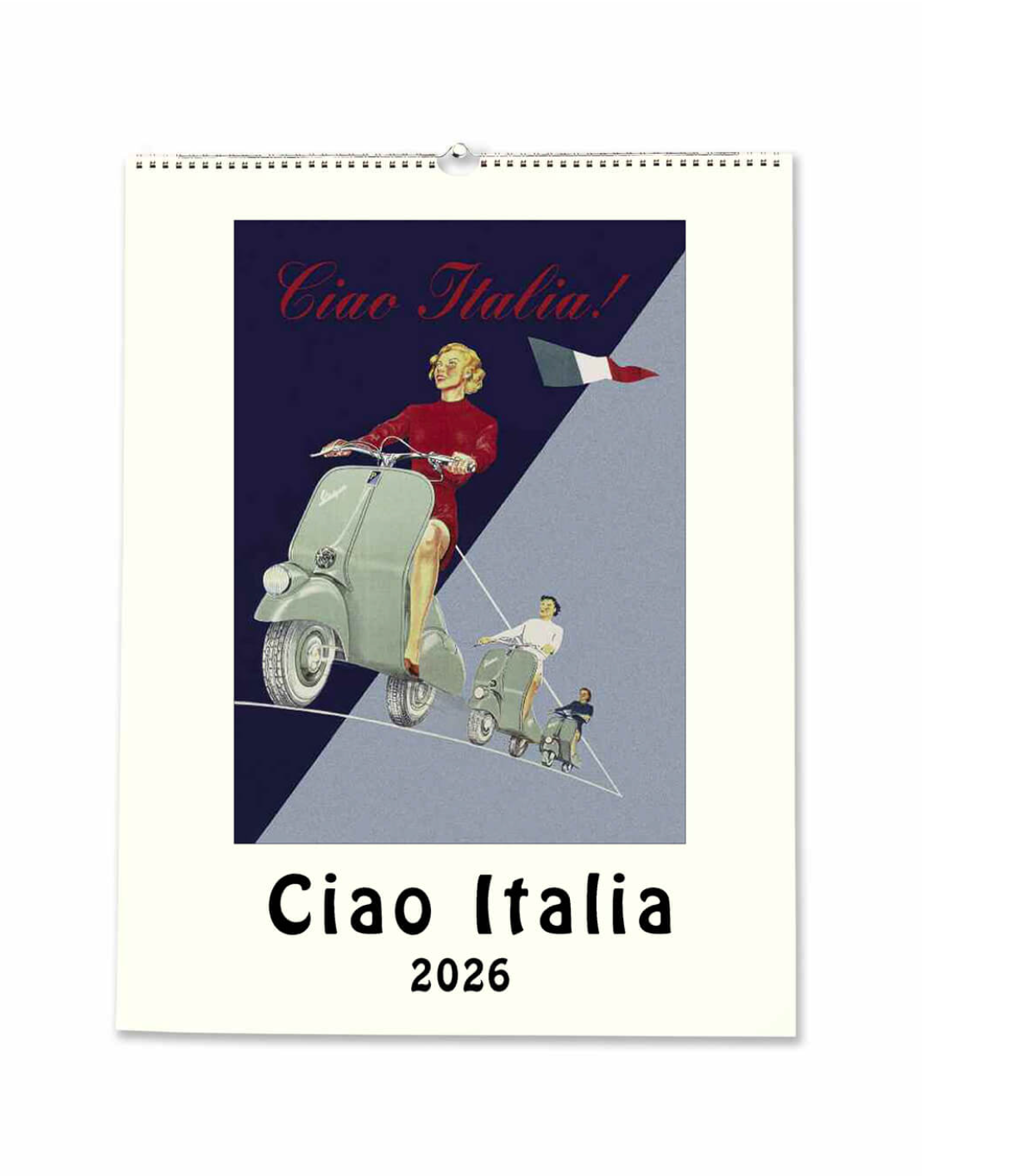 Ciao Italia 2026 calendar with a design of a woman on a scooter and child on a bike against a blue and purple background.