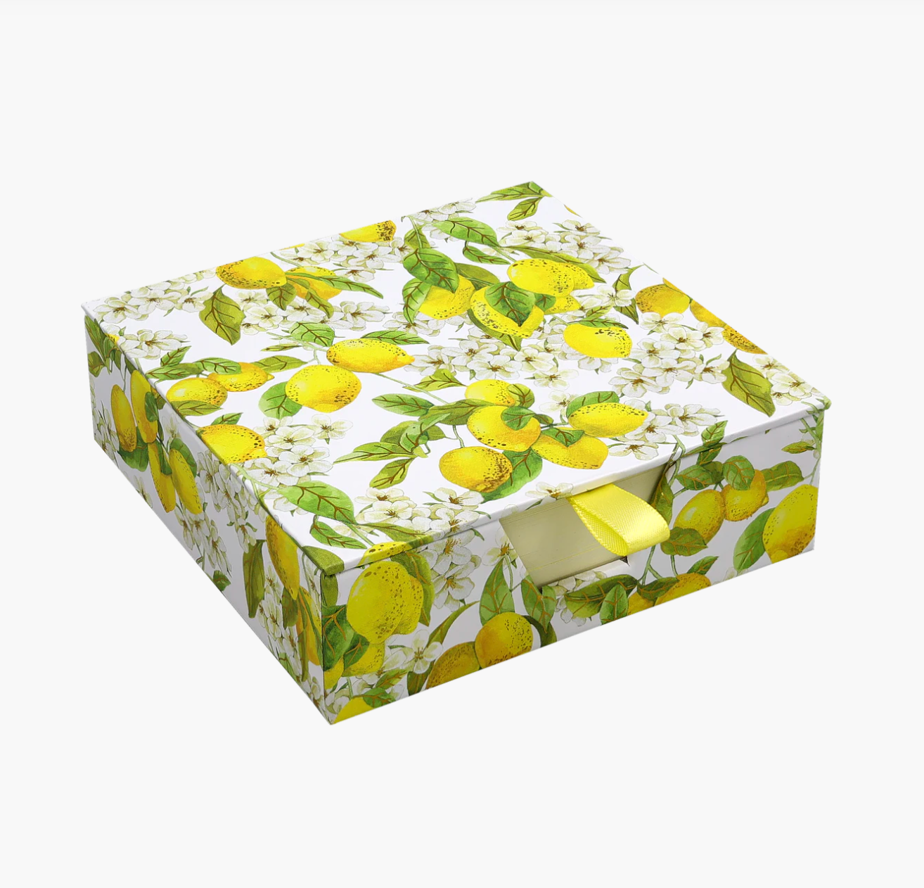 Square box with lemon pattern on a white background