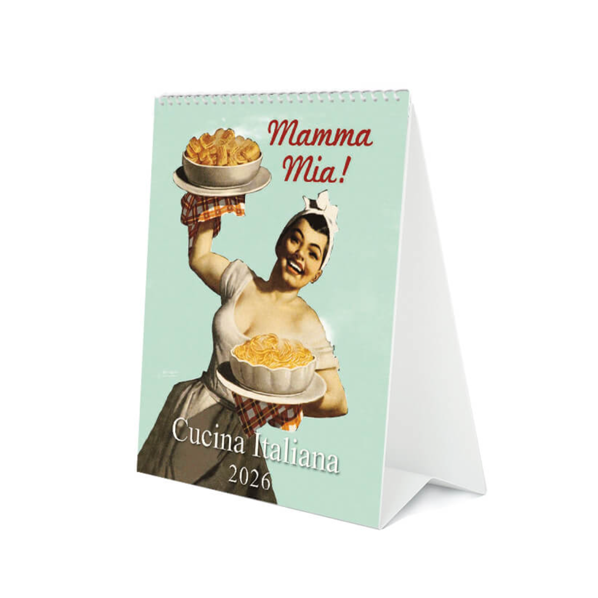 Calendar with a vintage-style illustration of a woman holding pasta bowls, text 'Mamma Mia! Cucina Italiana 2020' on a light blue background.