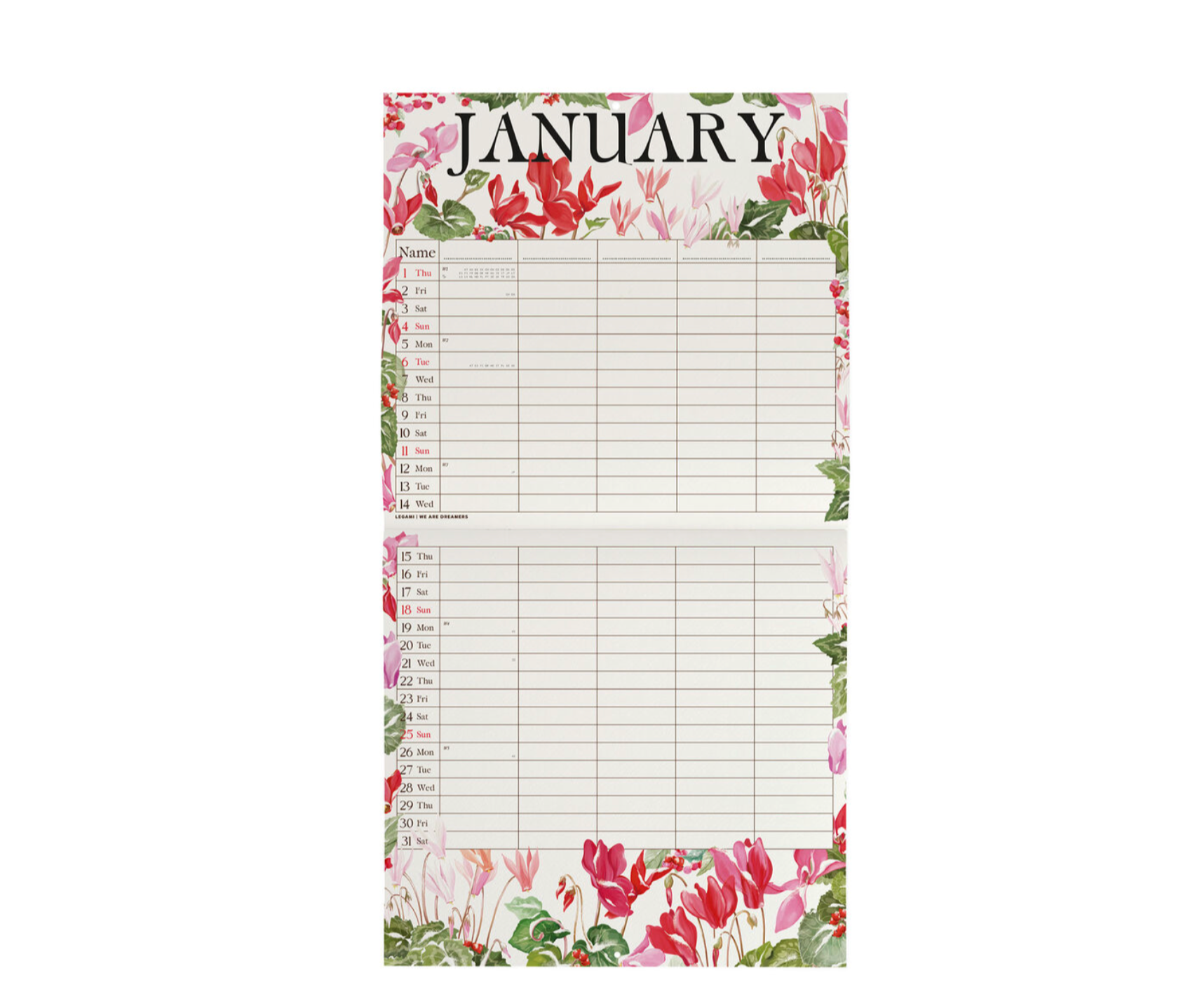 Floral-themed January calendar pad with a white background