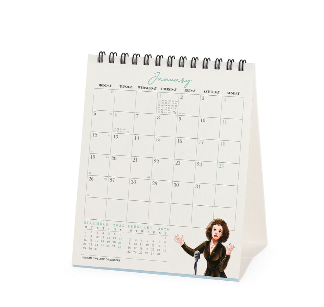 Calendar with a photo of a woman on the cover, displayed against a white background.