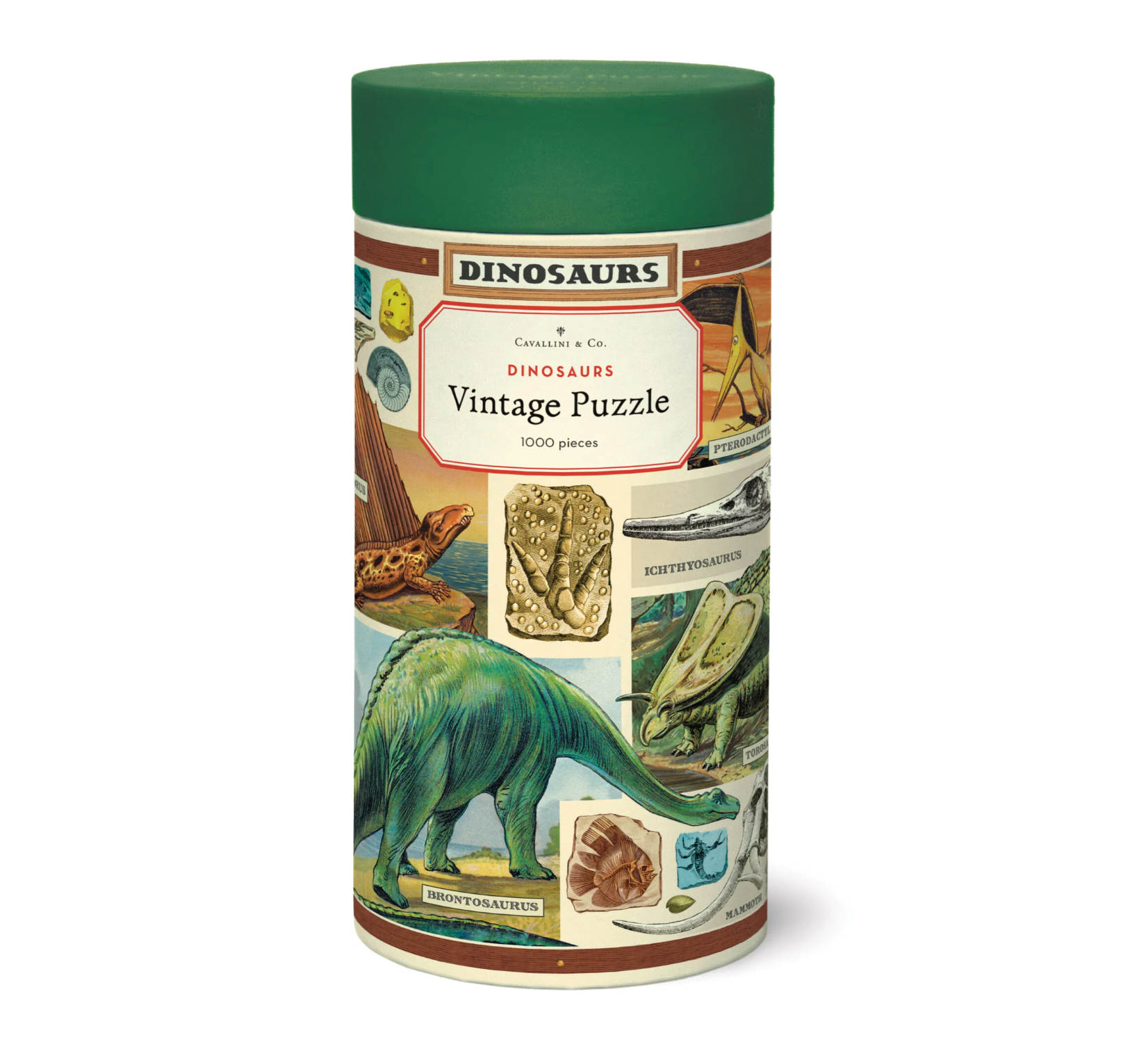 Dinosaur-themed vintage puzzle packaging on a white background