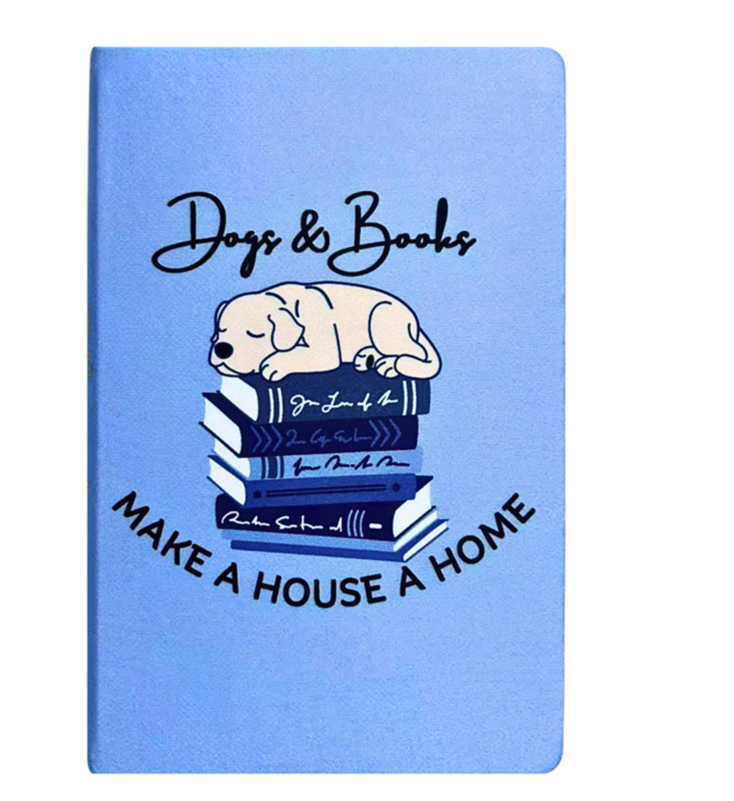 Blue notebook with a dog and books illustration and text on a white background