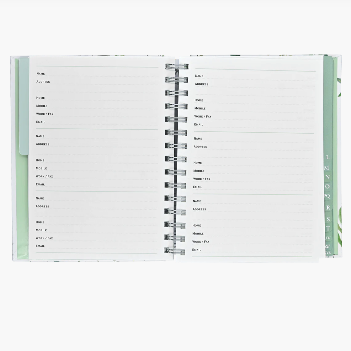 Open spiral-bound address book with green binding on a white background