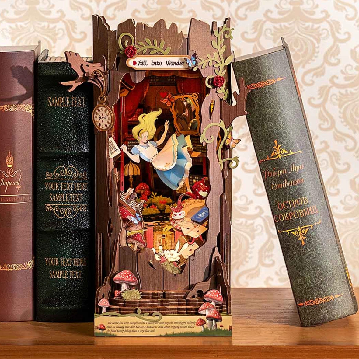 Decorative book with Alice in Wonderland design on a wooden surface