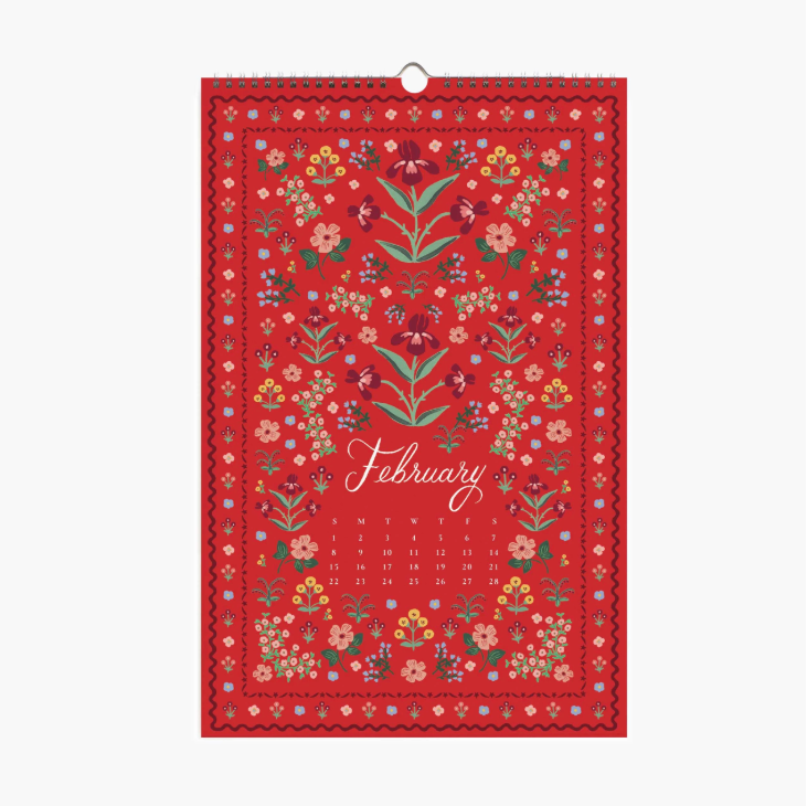 Floral-patterned calendar for February on a red background