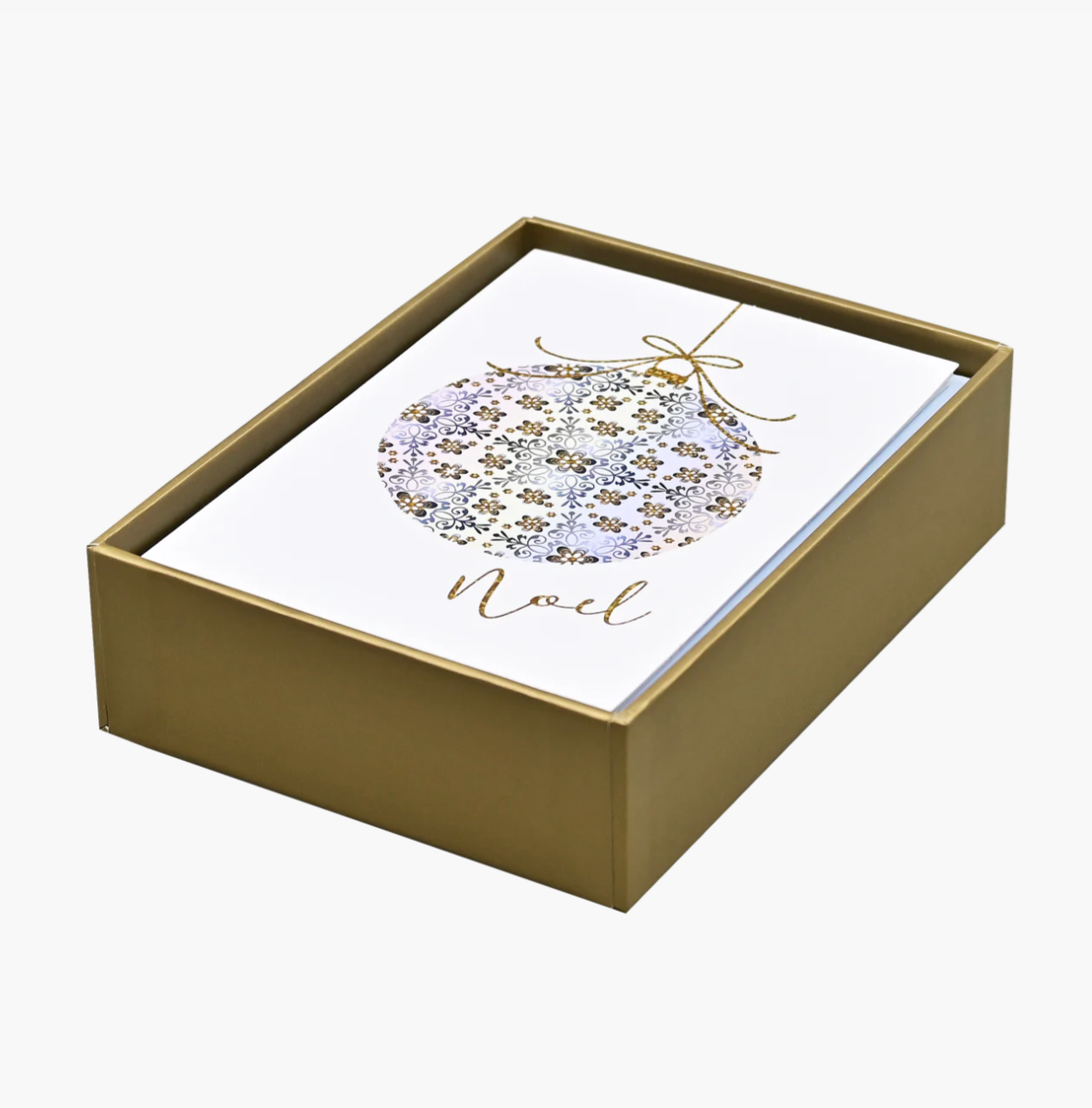 Boxed card with floral ornament design and 'Noel' text on a white background