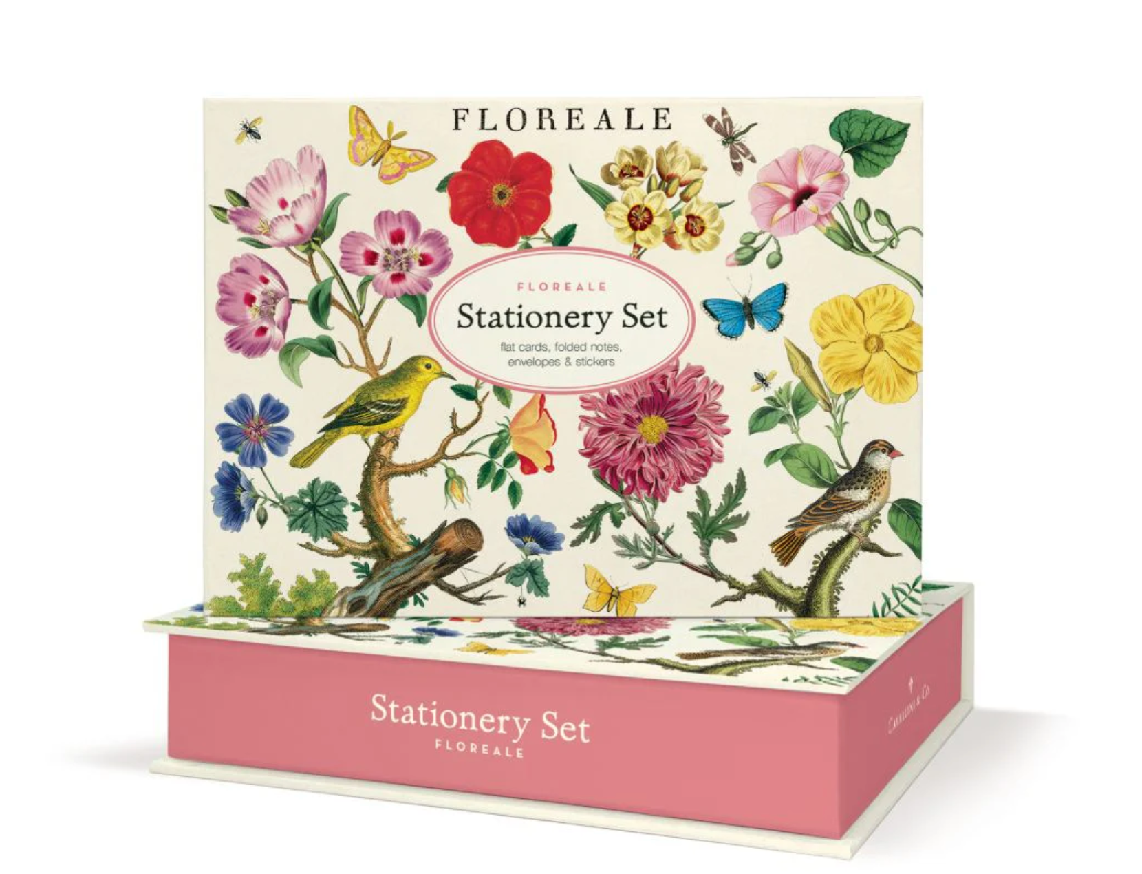 Floreale stationery set packaging with floral and bird design