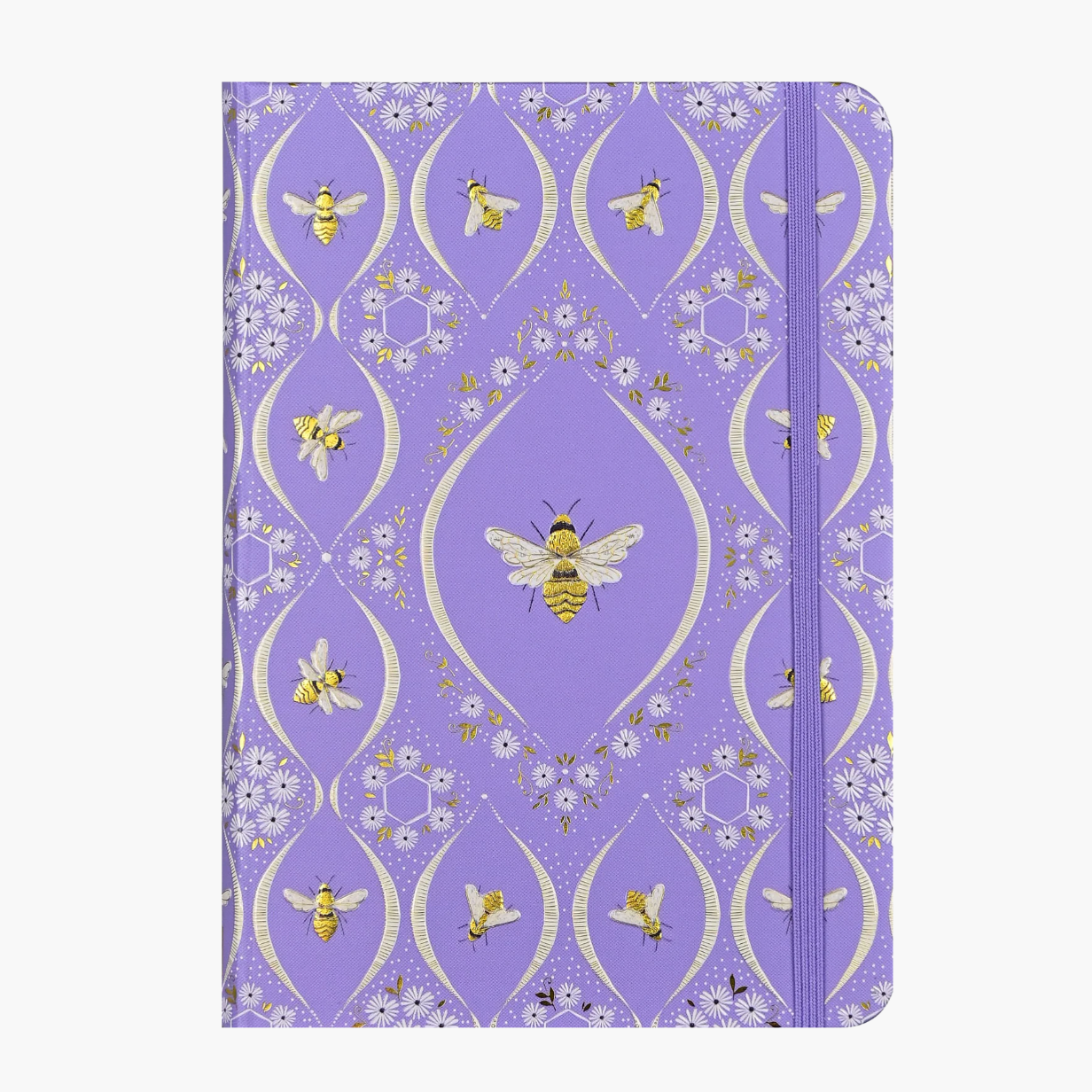 Notebook with bee and floral pattern on a purple background