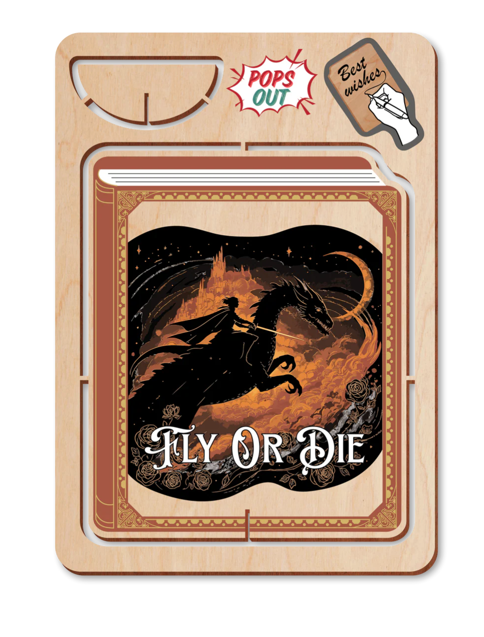 Card with dragon and rider design and 'Fly Or Die' text, featuring a wooden packaging.