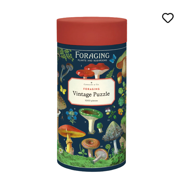  cylindrical puzzle box with mushroom illustrations on a white background
