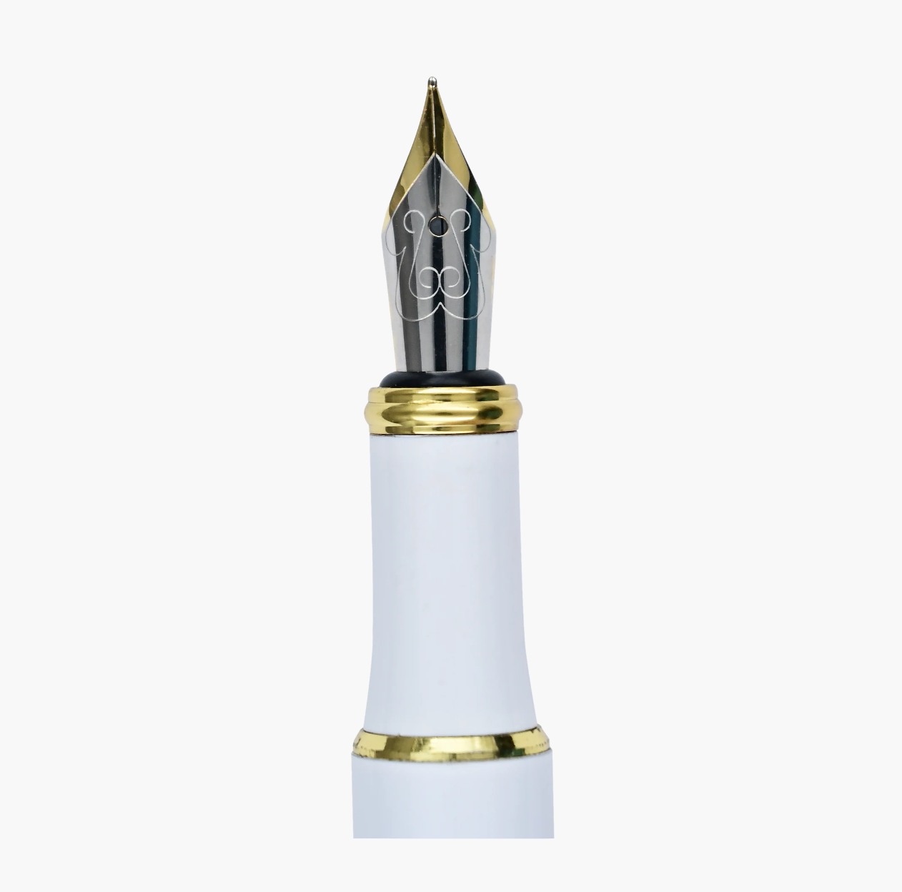Fountain pen nib with white and gold design on a white background