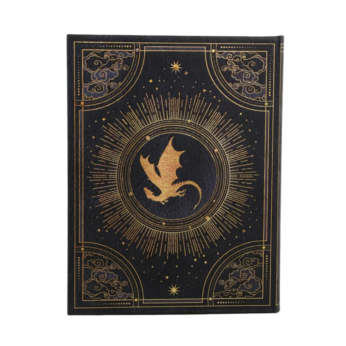 A black hardcover planner featuring an ornate gold foil design with a central dragon motif, surrounded by circular sunburst lines, stars, and decorative corner flourishes.