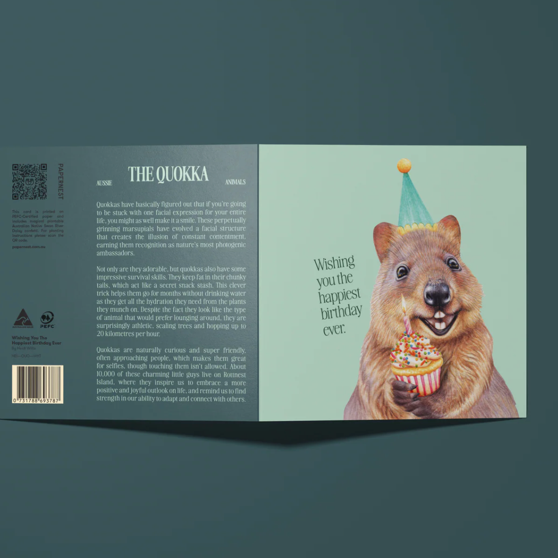 Card with a quokka holding a birthday cake and candle, on a light green background.