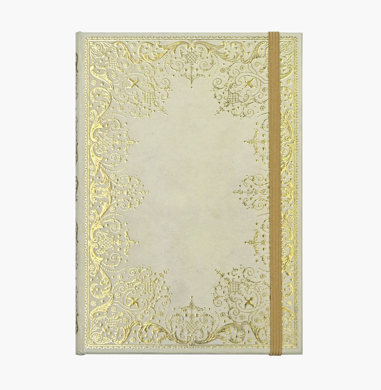 Decorative notebook with gold embossed patterns on a white background