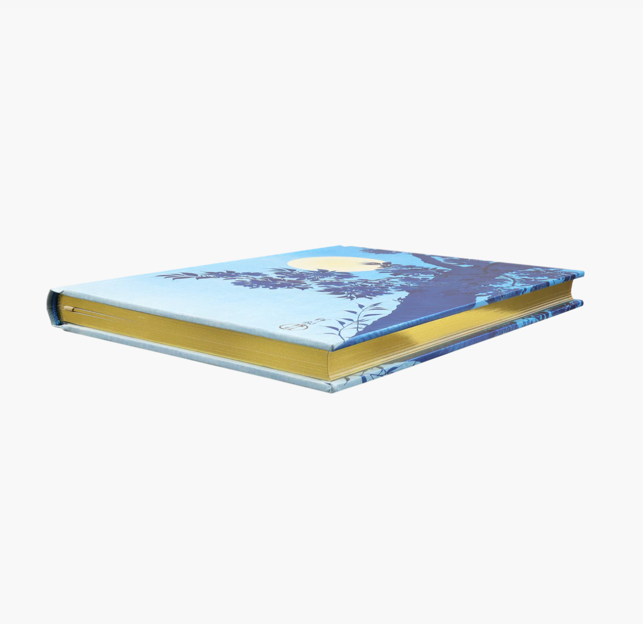 Book with a blue floral design on a white background