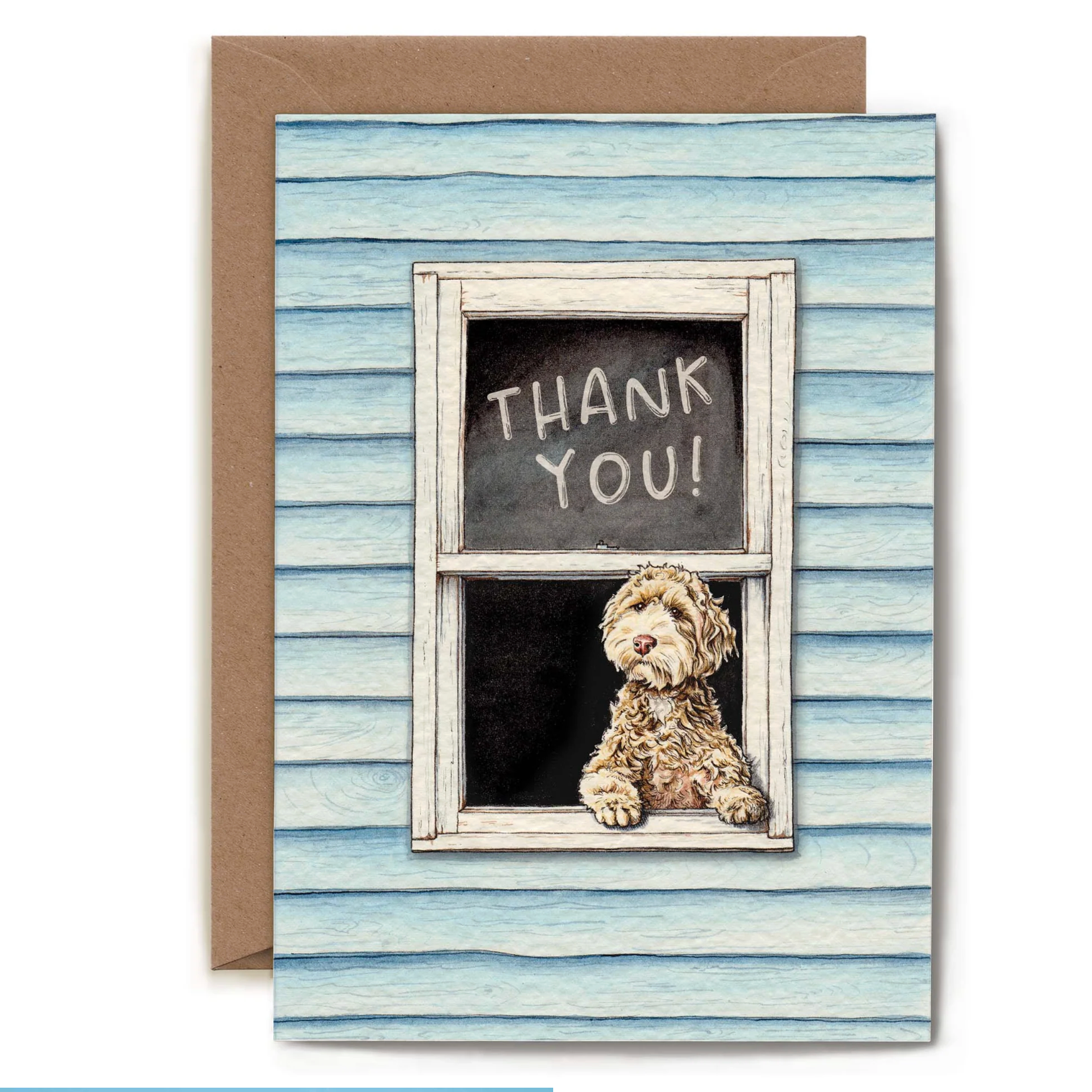 Greeting card with a dog looking out a window and 'Thank You!' written on a chalkboard.