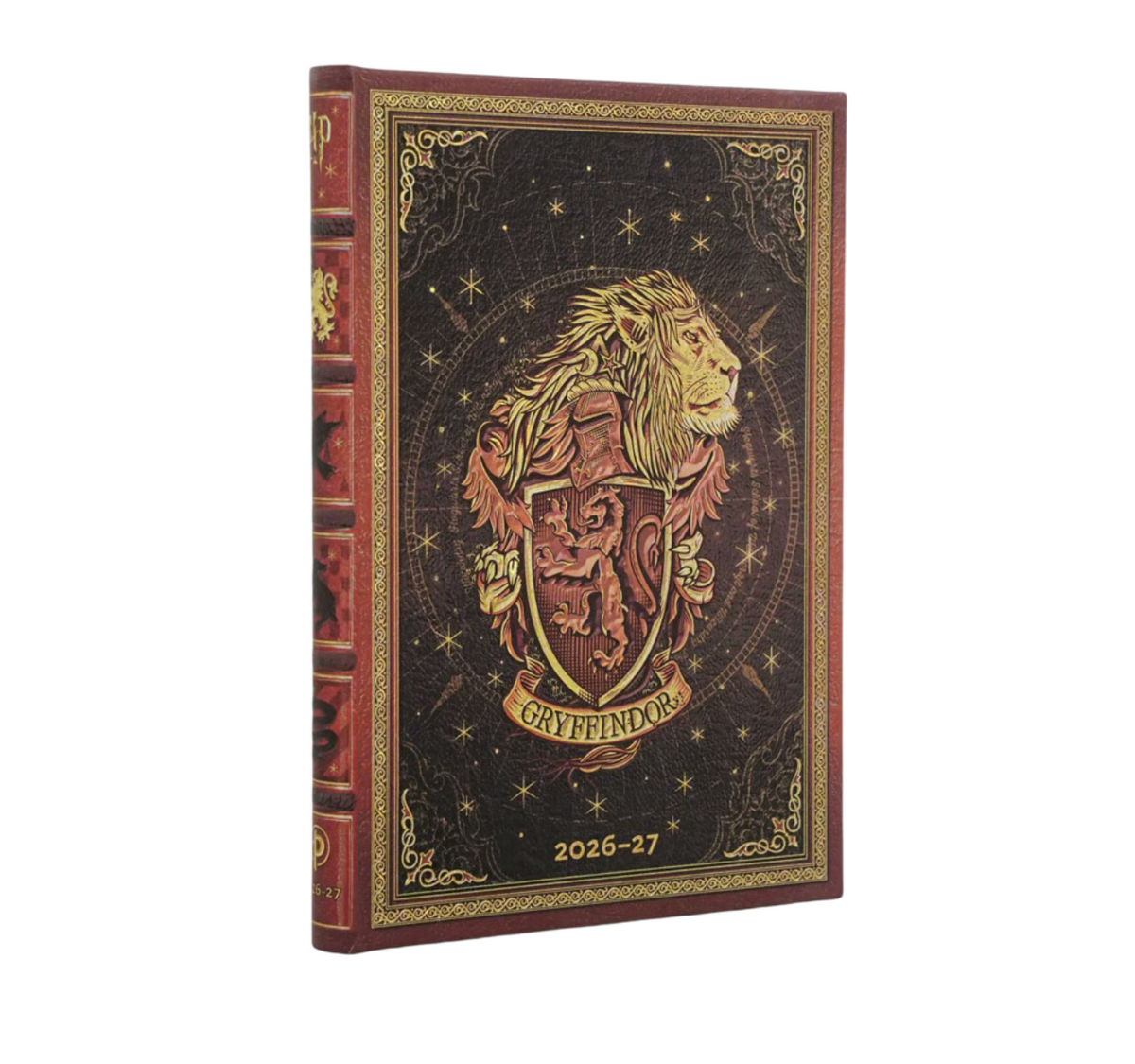 A 2027 planner styled like an antique book, featuring a Gryffindor crest with a lion on the front cover and '2026-27' printed at the bottom, shown on a plain white background.