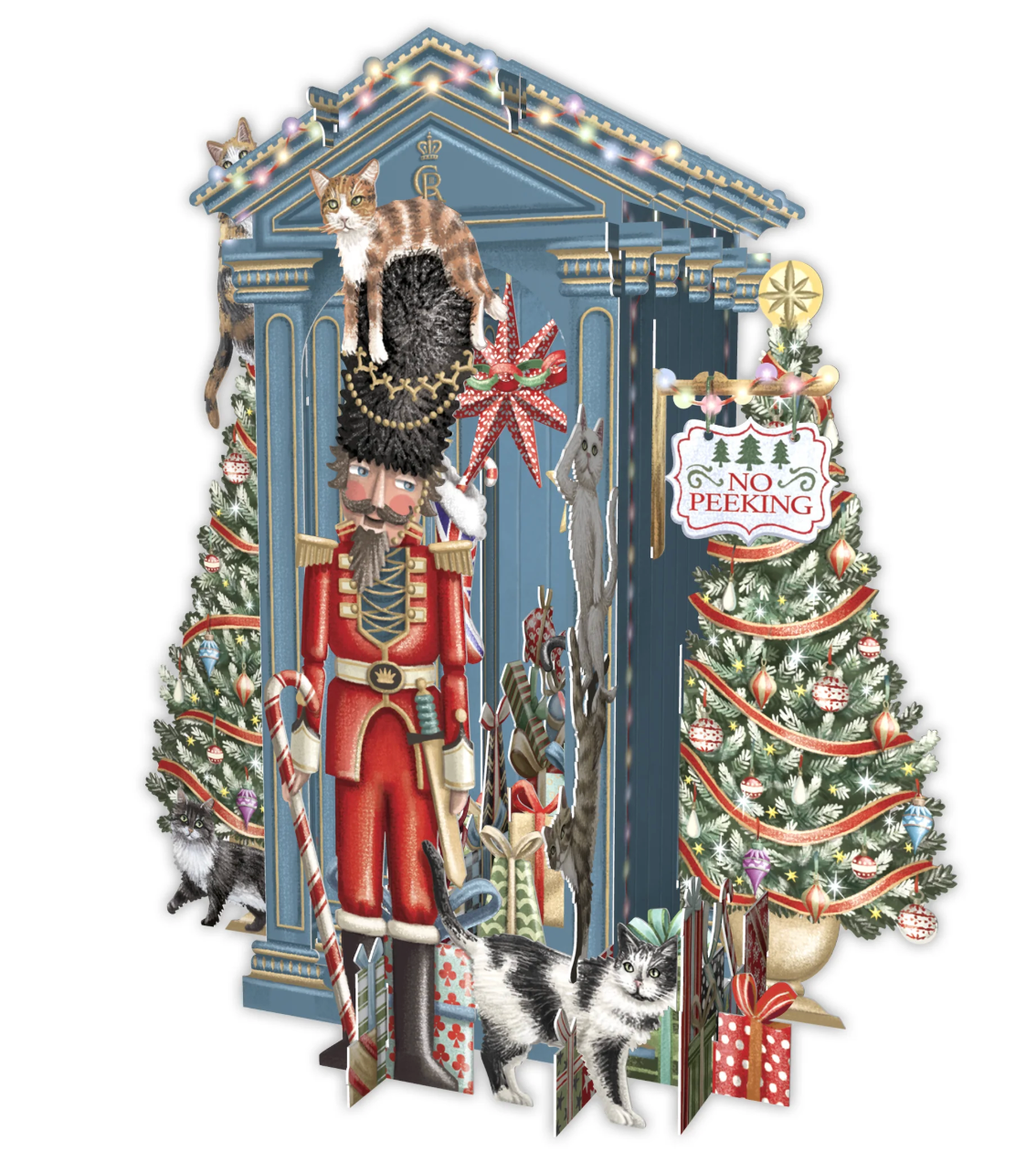 Decorative Christmas scene with a nutcracker, trees, and cats on a white background