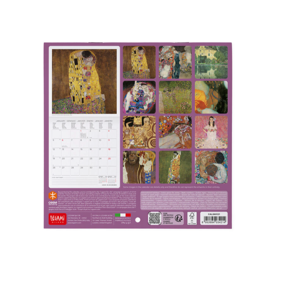 Calendar with Gustav Klimt artwork on a purple background