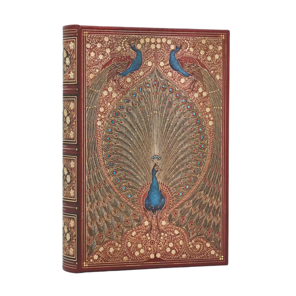 A decorative 2027 Planner featuring an ornate peacock illustration on the front cover, with blue peacocks and intricate gold-toned patterning on a reddish-brown background. The spine is visible on the left, and the item is photographed on a clean white background.