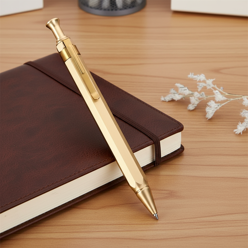 Gold pen on a white background with a small decorative plant.