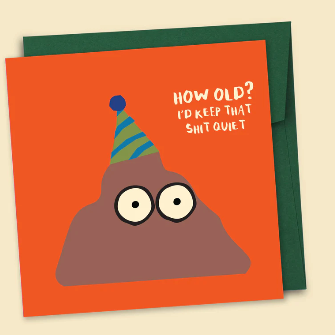 Greeting card with a cartoon poop emoji wearing a party hat and text on an orange background.
