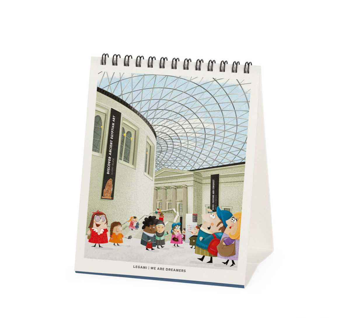 Desk calendar with illustration of a museum interior and cartoon characters at the bottom