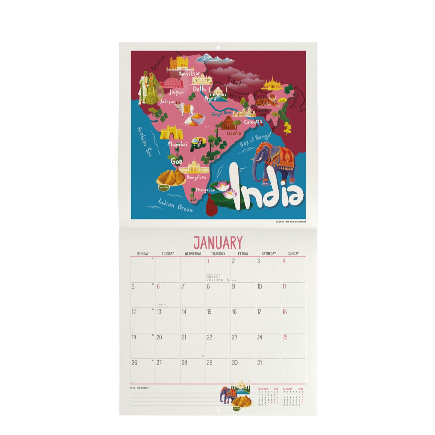 Calendar with a colorful map of India on a white background