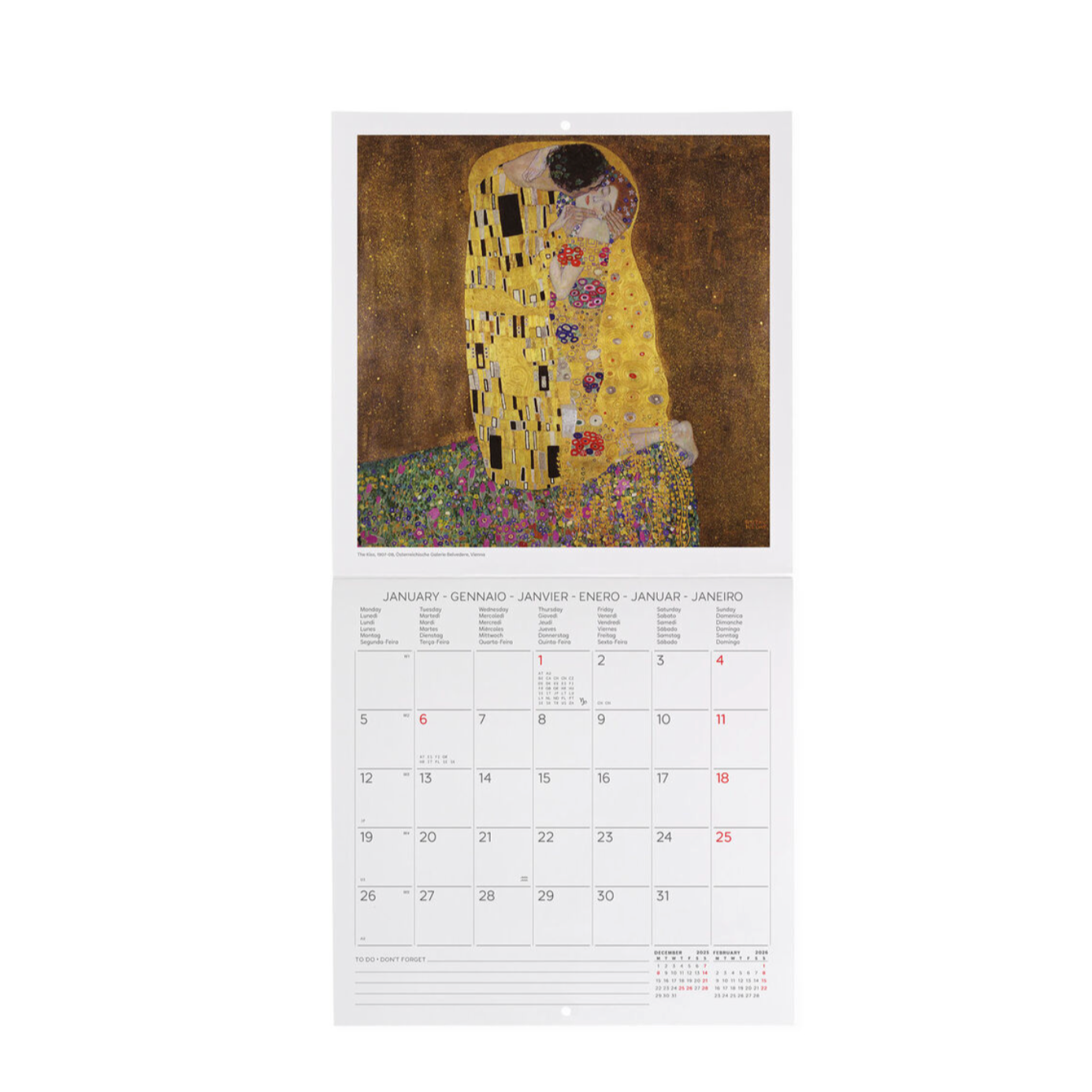 Calendar with 'The Kiss' by Gustav Klimt on a white background