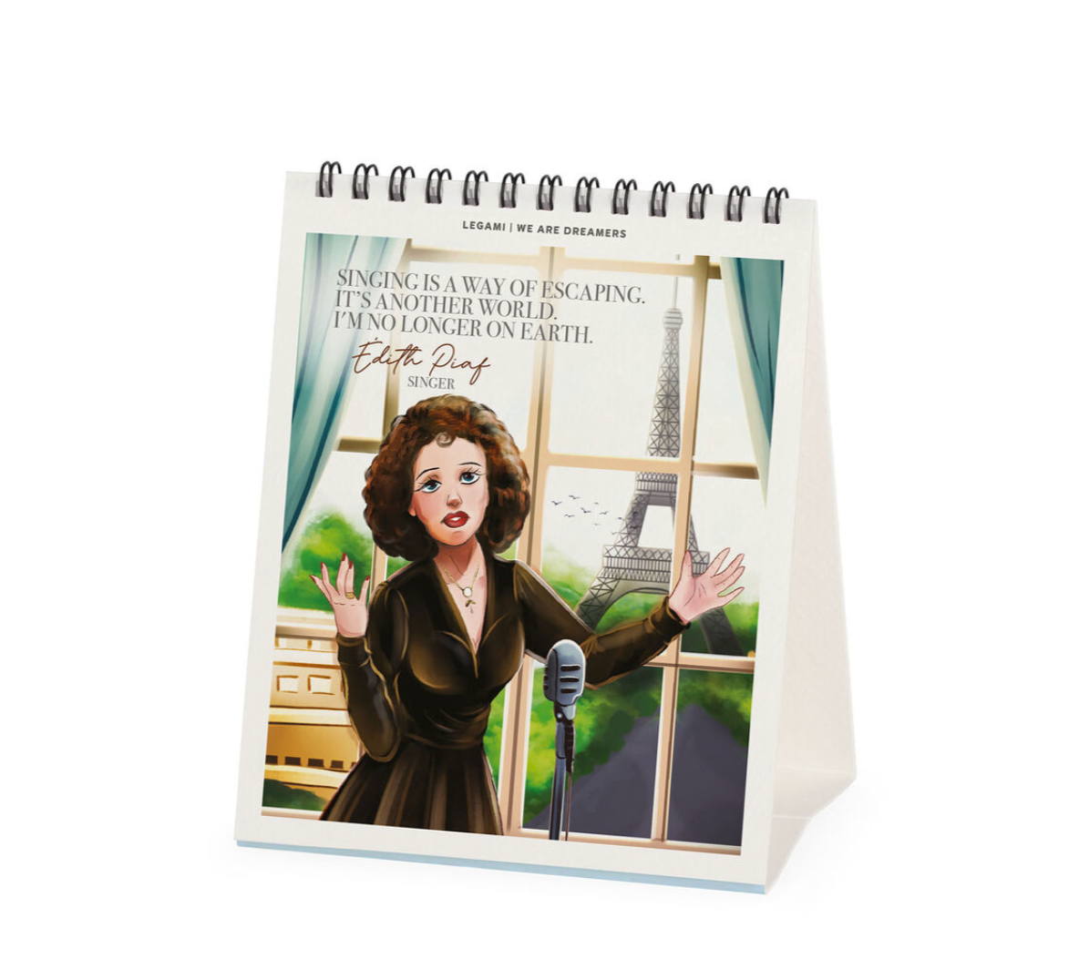 Desk calendar with a character in a brown coat and microphone, featuring text and a scenic background.