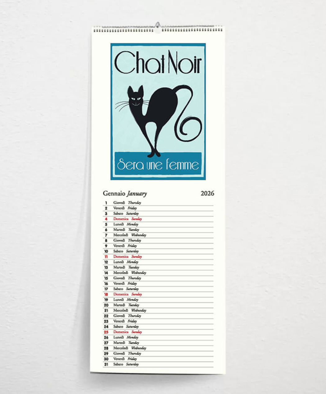 Calendar with a black cat illustration and 'Chat Noir' text on a white background
