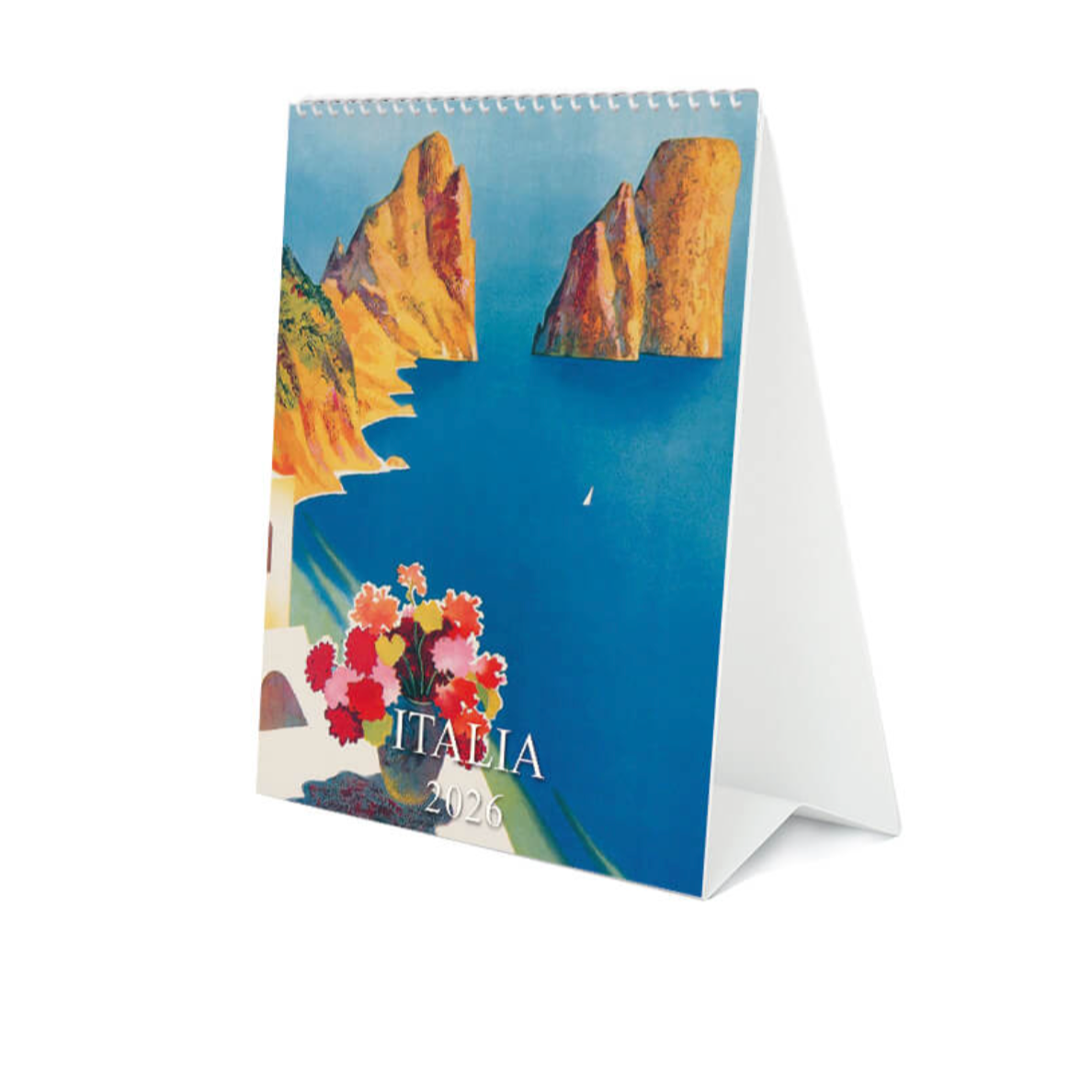 Tabletop calendar with Italian landscape design on a white background