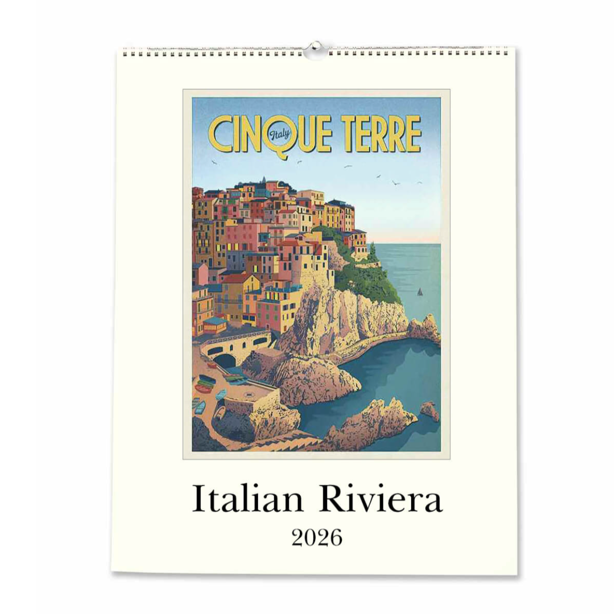 Calendar cover featuring a scenic view of Cinque Terre with 'Cinque Terre' and 'Italian Riviera 2026' text.