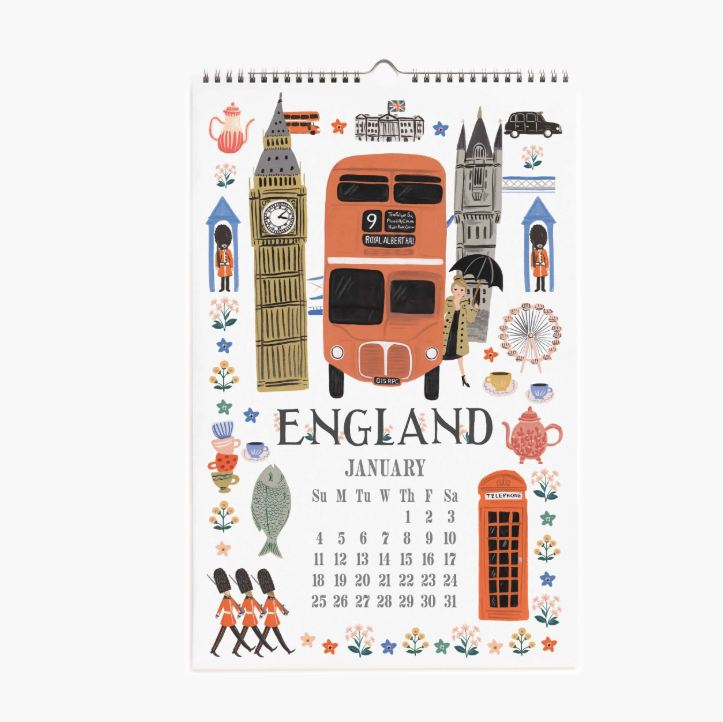 Calendar for January featuring illustrations of London landmarks on a white background