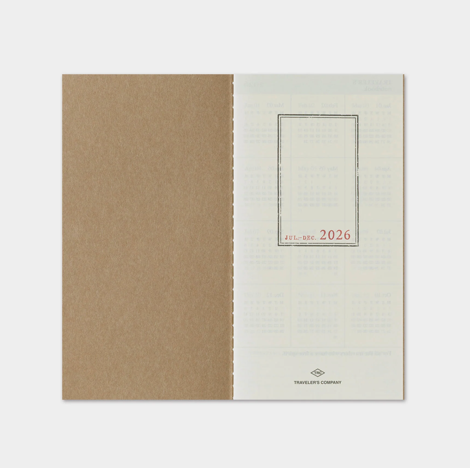 Two pages of a planner or notebook, one brown and one with a grid layout and text, on a white background.