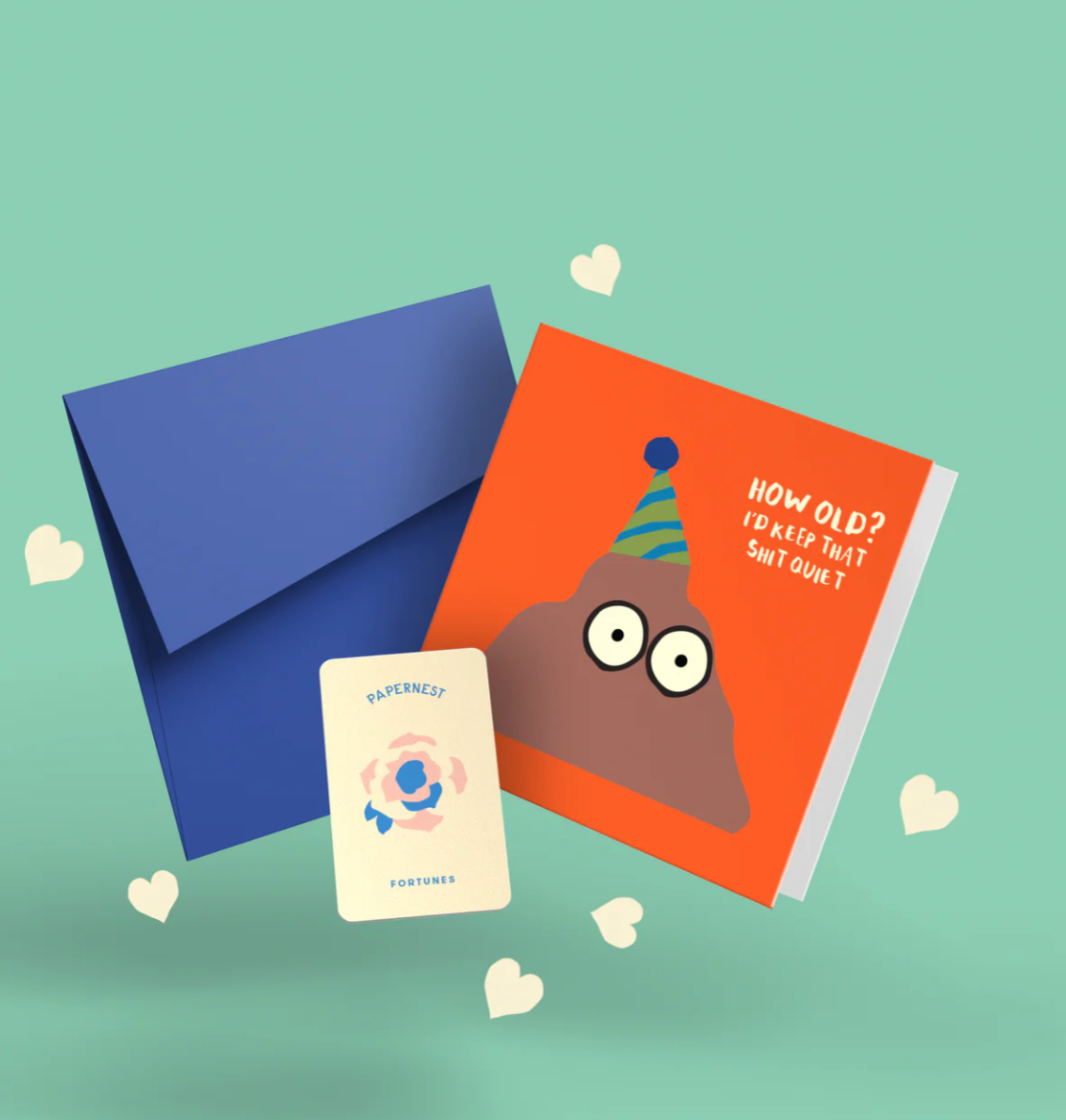 Greeting card with cartoon character and blue envelope on a light green background