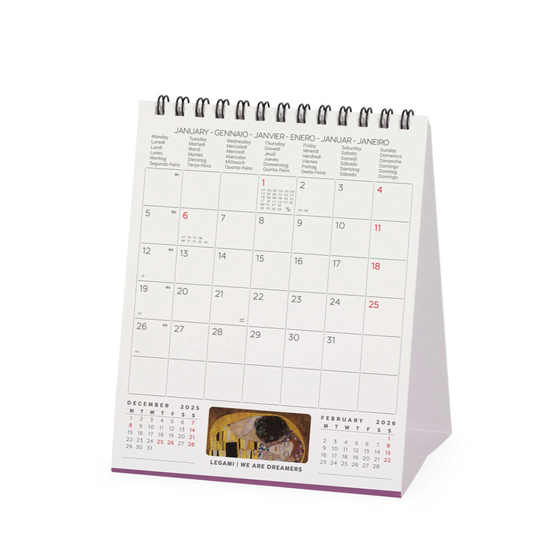 Tabletop calendar with a spiral binding on a white background
