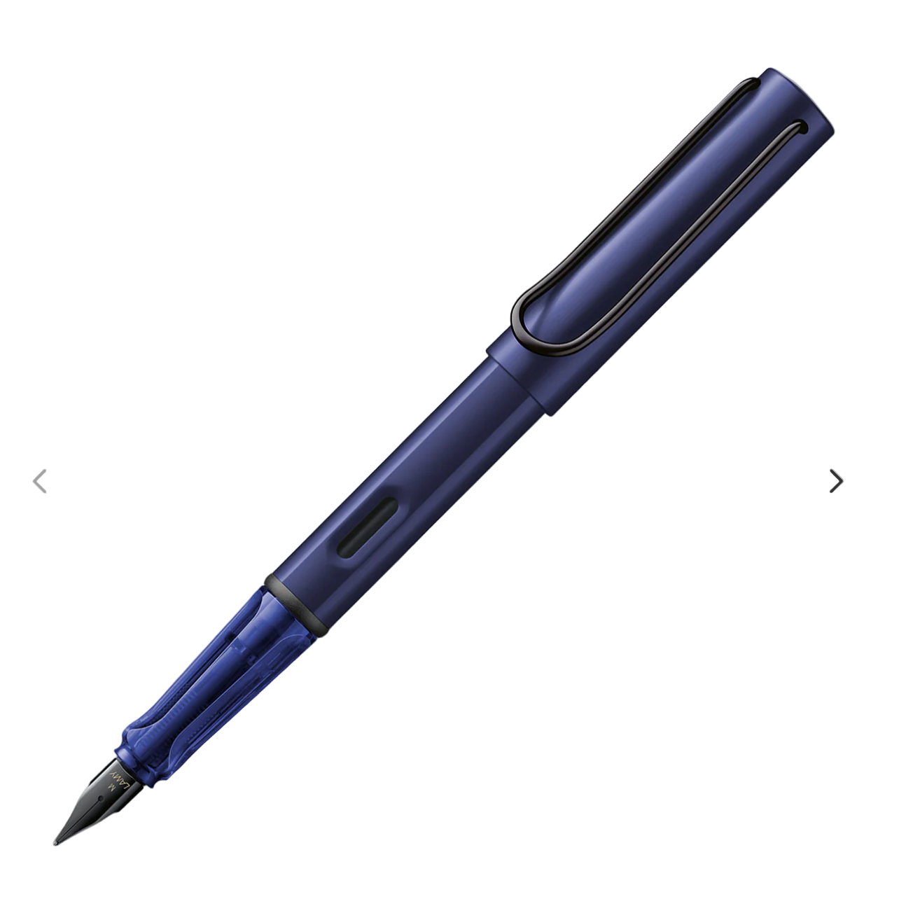 Blue pen with a black clip on a white background