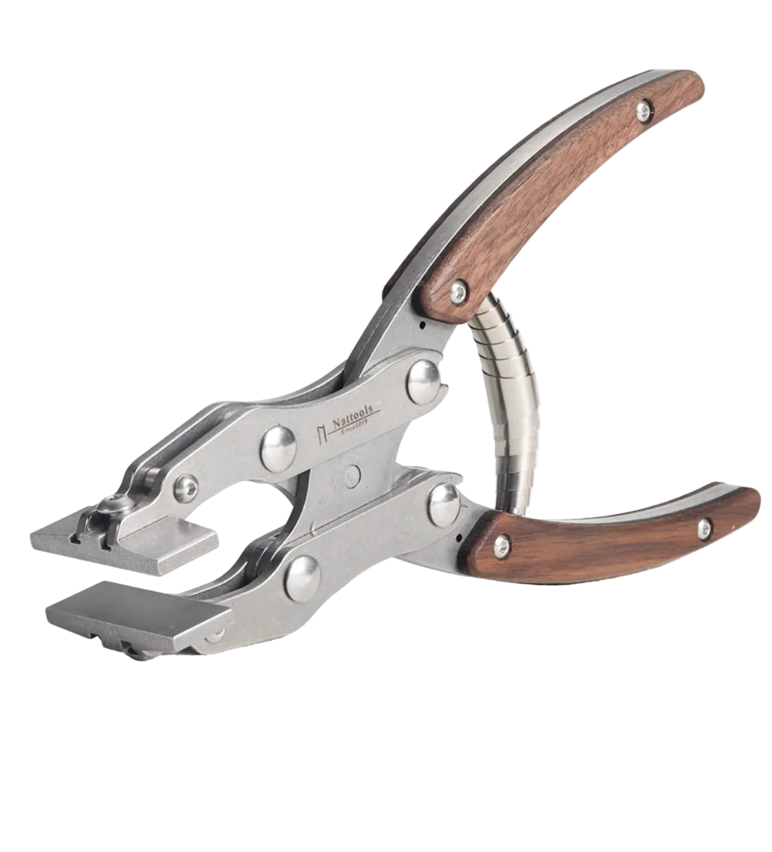 A metal and wood hand tool with a brushed silver steel body and brown wooden handles, photographed on a clean white background. 