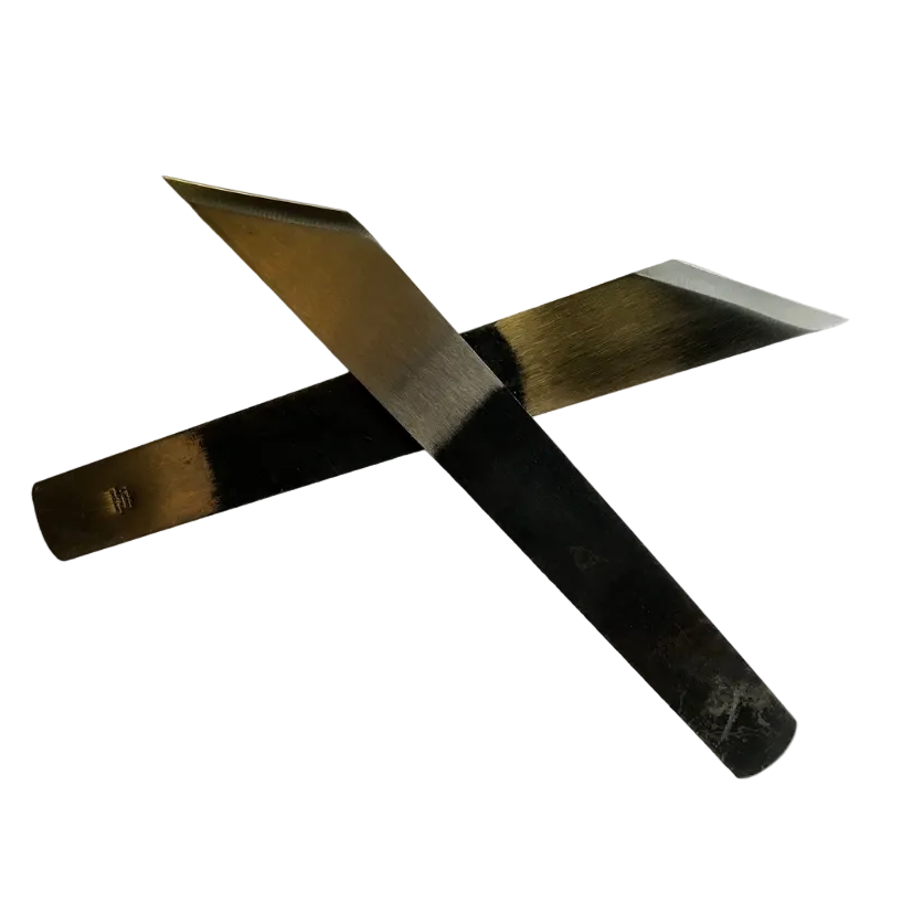 A pair of metal paring knives crossed in an X shape on a plain white background.