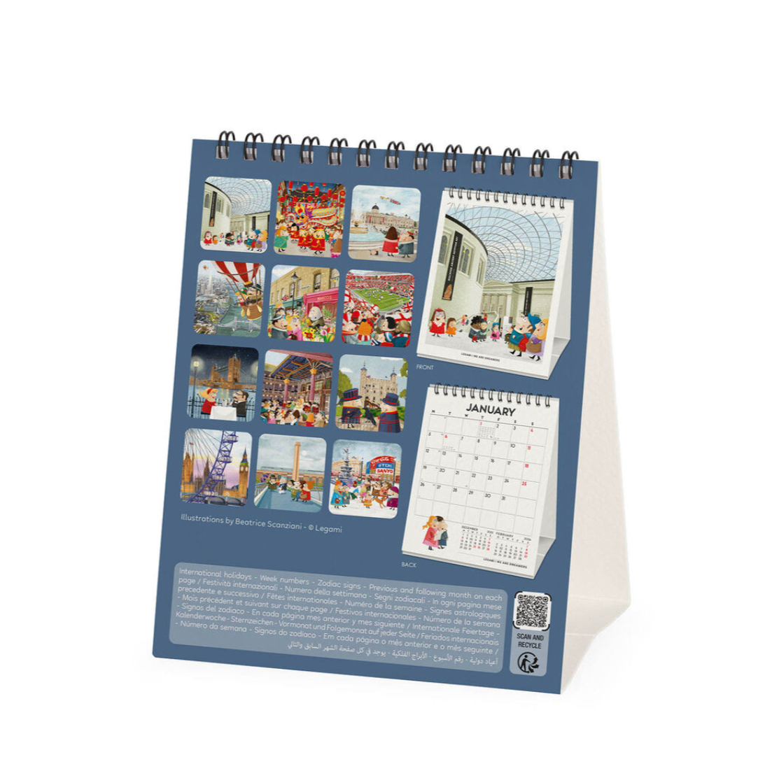 Tabletop calendar with illustrations and a visible January page on a white background