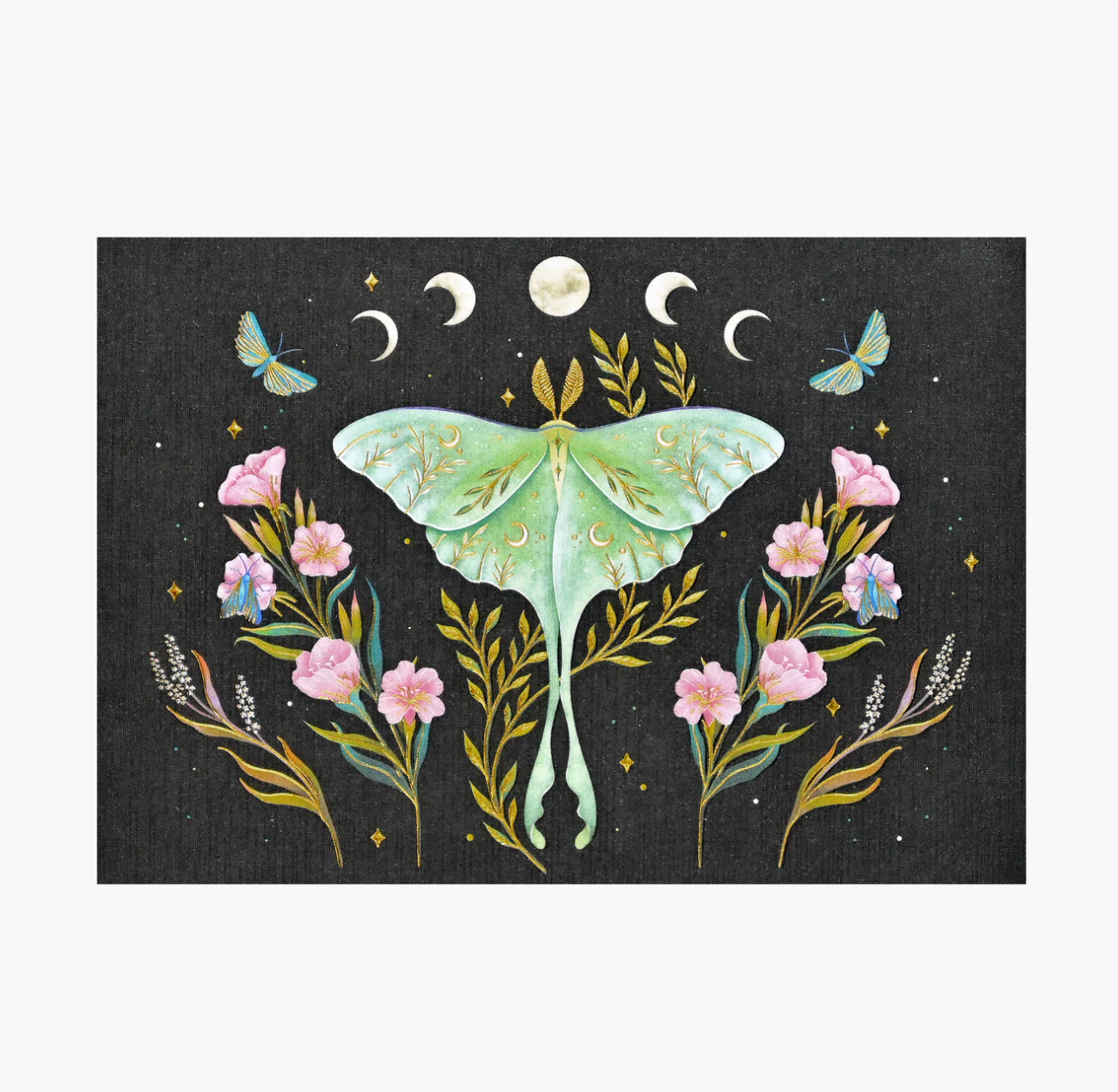 Decorative notecard with a green butterfly, pink flowers, and moon phases on a black background