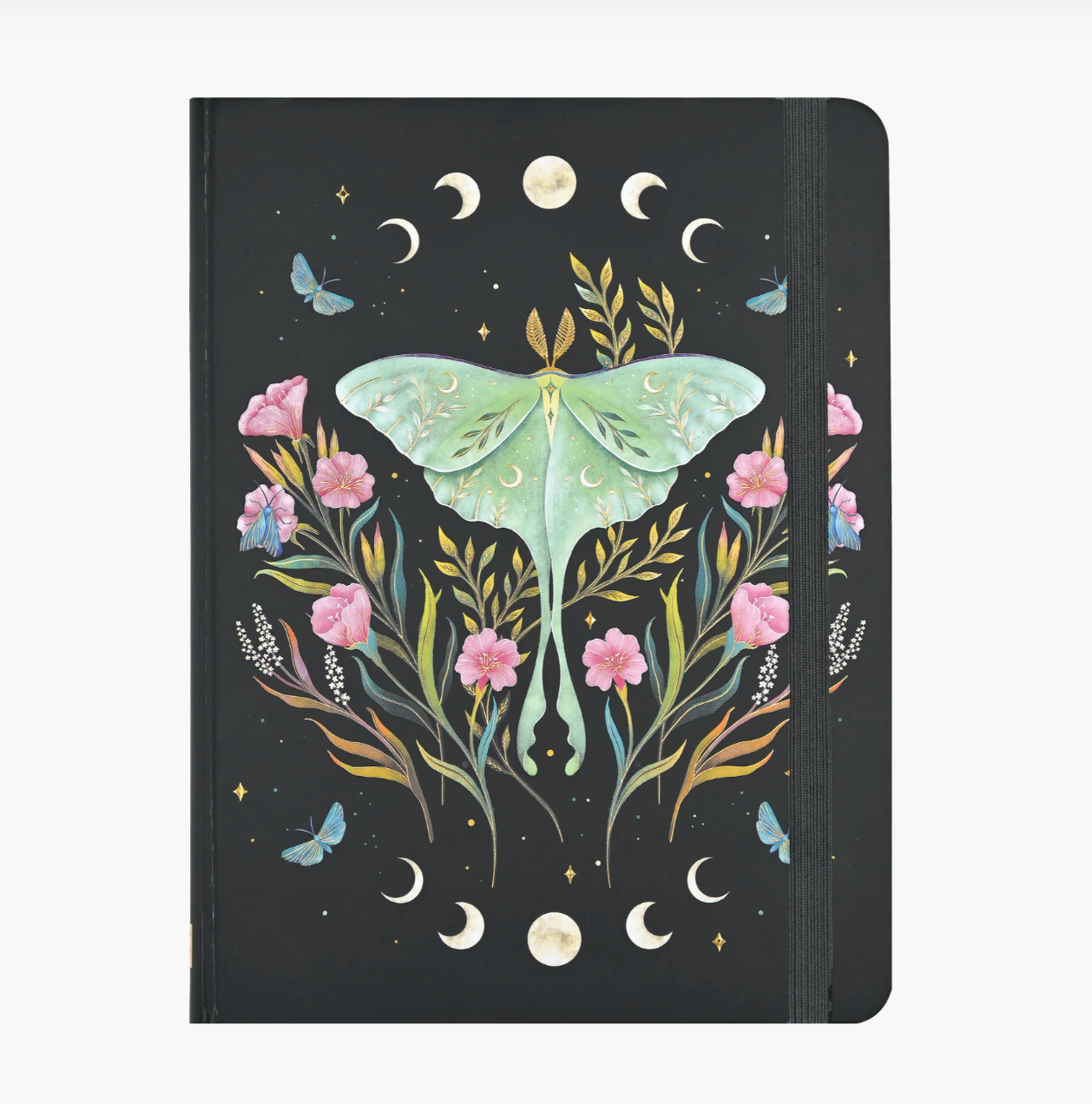 Notebook with a decorative cover featuring a butterfly and floral design on a black background.