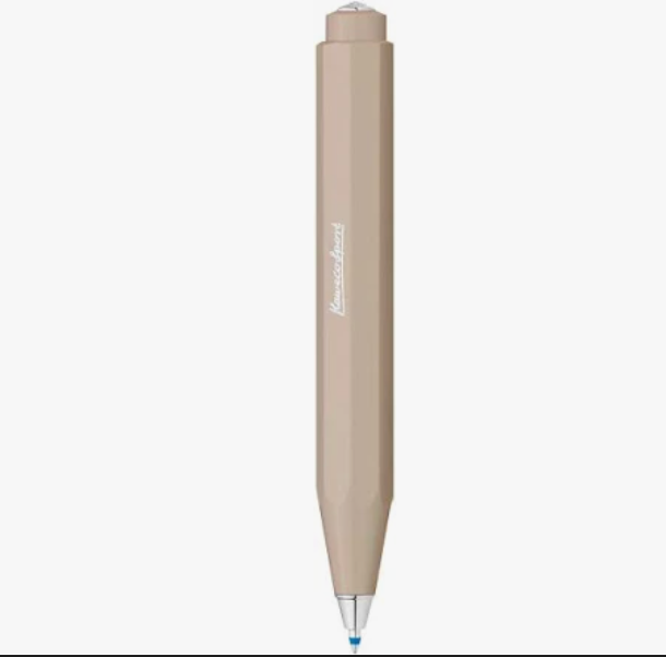 Pen with a beige body and blue tip on a white background